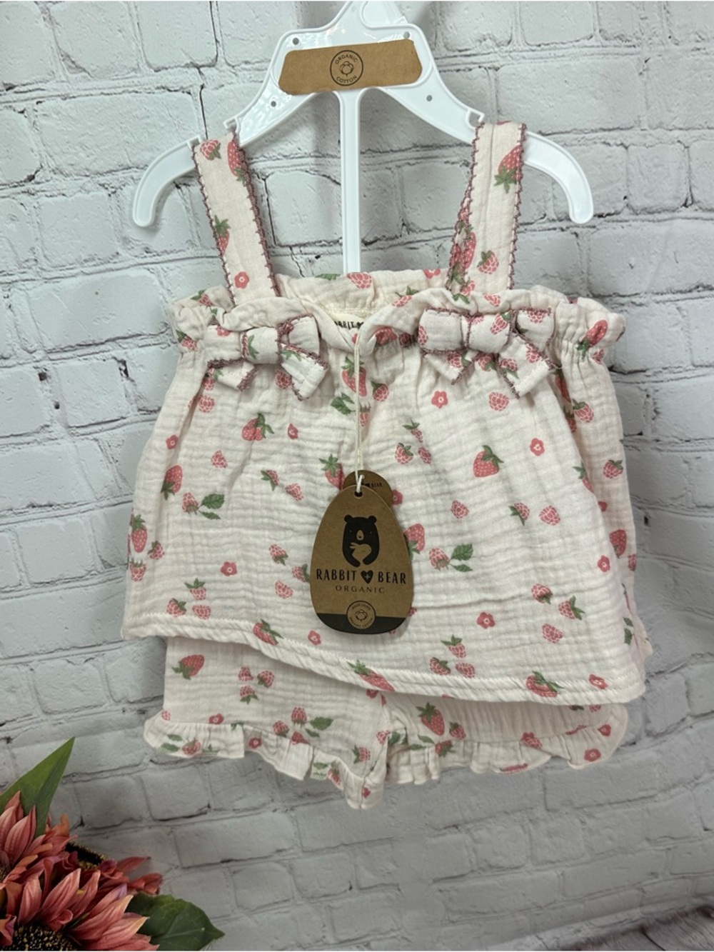 NWT Rabbit +  Bear Organic cotton Baby 2pc Set 6-9M berries bow strawberry
